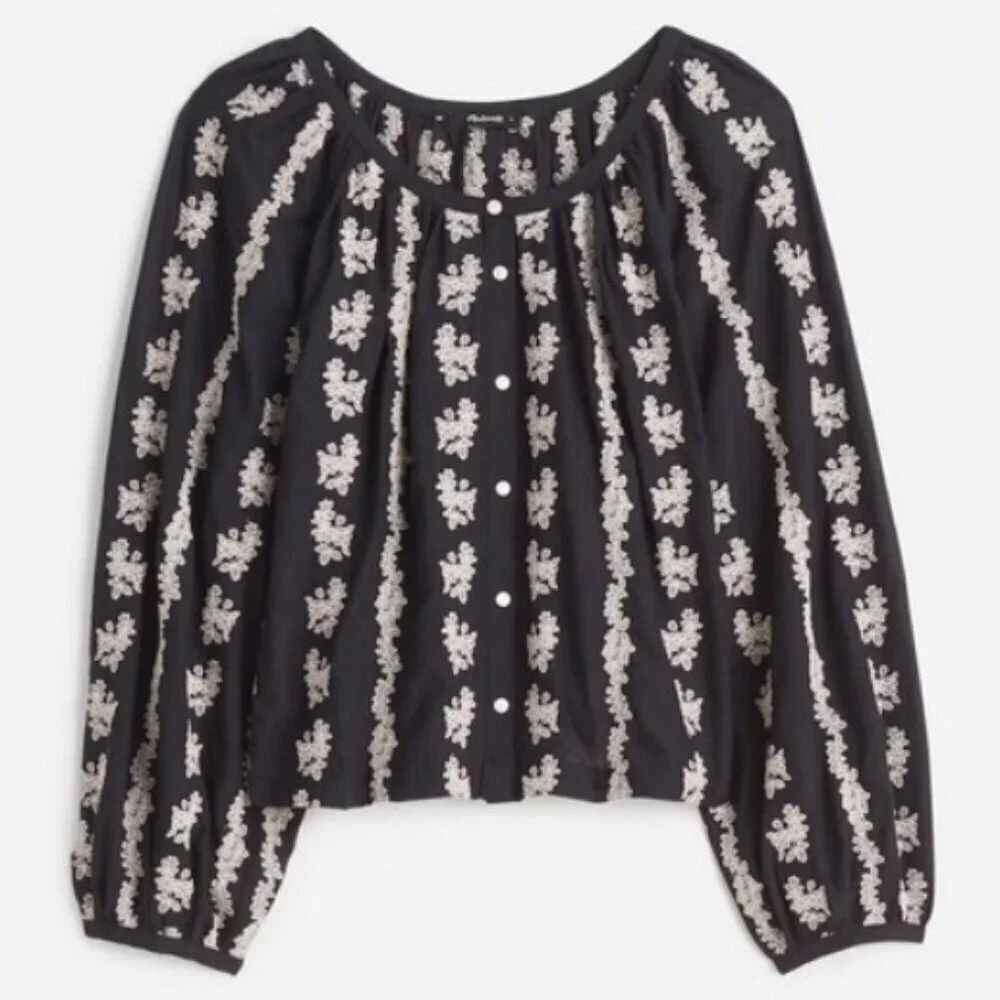 💕MADEWELL💕 Embroidered Puff Sleeve A-Line Top ~ True Black Medium M NWOT
